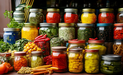 A variety of colorful jars filled with preserved vegetables and herbs, displayed alongside fresh produce.