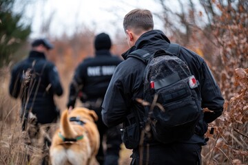 A search and rescue team is seen with a dog on a mission through a forested area, demonstrating teamwork and focus on finding missing individuals.
