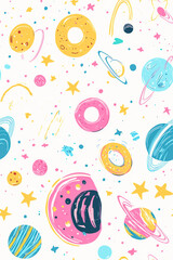 Vertical Fashion pink abstract seamless pattern with space donuts, planet, cosmic elements.
