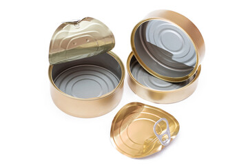 Two Opened Empty Tin Cans With Broken Cover Isolated on White Background. Clean Used Aluminum Cans - Isolation. Non-Degradable Inorganic Waste
