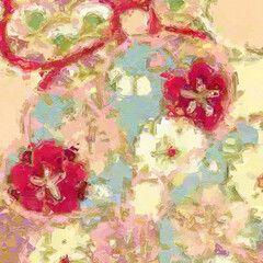 Fototapeta premium Oil paintings and various flowers such as cats, dogs, chrysanthemums, roses, peonies, and fruits are beautiful
