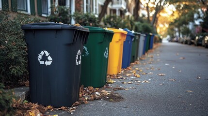 A row of colorful recycling bins on a residential street.