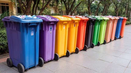 A row of colorful recycling bins on a paved walkway.