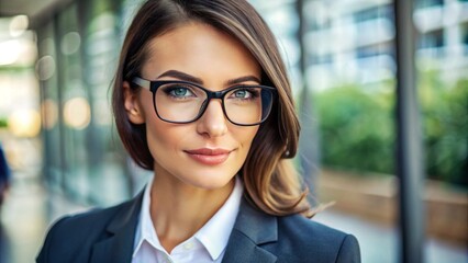 Confident young businesswoman with glasses in a modern office building, smiling professionally. She radiates ambition and intelligence, dressed in formal attire, symbolizing career growth and success.