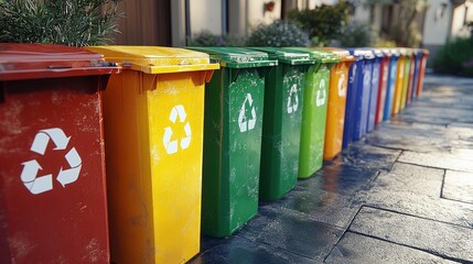 A row of colorful recycling bins with recycle symbols on a wet brick path in front of a house.