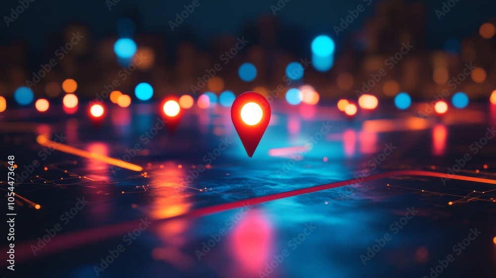 Poster glowing map location pins over a digital cityscape at night. advanced technology and navigation conc