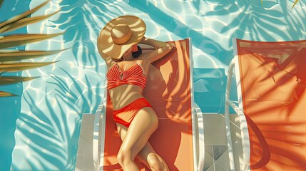 Beautiful girl sunbathing on a sun lounger, seen from above. Ultimate summer relaxation.