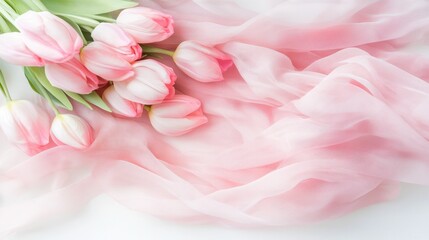 Fototapeta premium Pink tulips tied with a ribbon on a pastel pink background, ideal for Mother's Day messages, celebrations, and appreciation gifts.