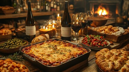 A rustic table spread with a delicious lasagna, bread, wine, and other delectable treats.