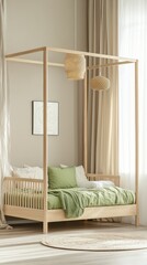 Wooden house-frame bed in cozy, minimalist bedroom, concept of warmth and comfort