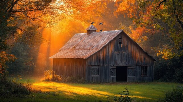 A rustic wooden barn bathed in golden sunlight with birds on the roof, surrounded by vibrant autumn foliage.