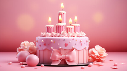 Pink birthday cake with candles and different decorations