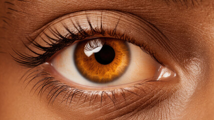 A close-up of a beautiful brown eye with long lashes, showcasing intricate details in texture and color. The captivating gaze exudes warmth and depth.