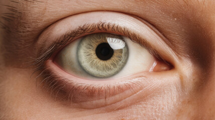 Obraz premium Close-up of a human eye featuring light green iris with intricate details, showcasing a captivating and piercing gaze, highlighting the beauty of human anatomy.
