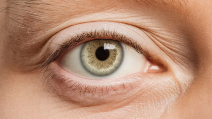 Close-up of a human eye with striking hazel irises and intricate patterns, showcasing the natural details of the eyelid and surrounding skin tones.