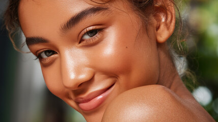 A beautiful young woman of mixed ethnicity smiles softly, showcasing her glowing skin and natural beauty against a blurred green background.