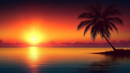 A single palm tree stands on a small island at sunset, with a colorful sky and a calm ocean.