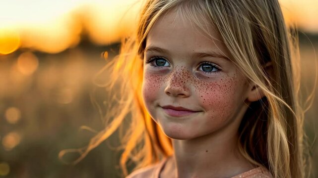 A young girl with freckles smiles at the camera during golden hour