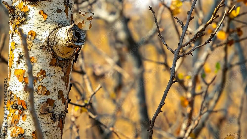 Poster a close-up of a tree trunk with yellow bark and a knobby branch, surrounded by bare branches in a fo