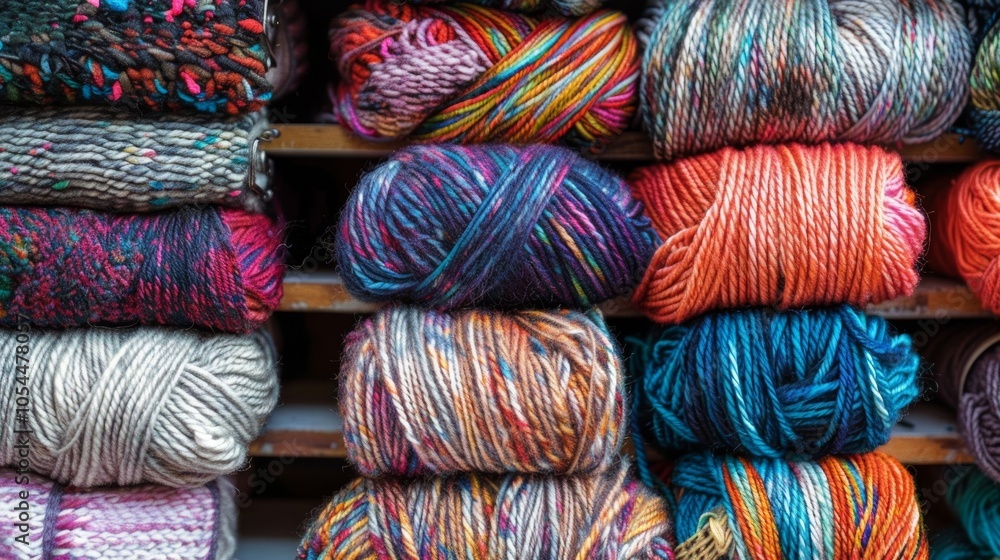 Poster a cluttered shelf filled with bundles of yarn in various hues and textures perfect for knitting or c