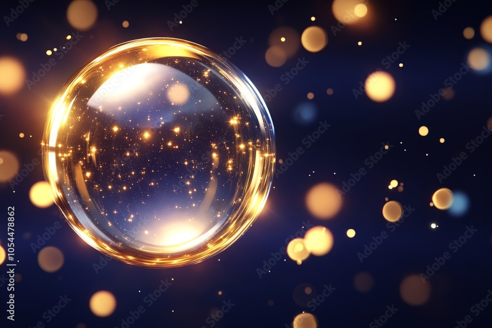 Poster glowing crystal orb surrounded by golden bokeh lights against a dark background creating a magical d