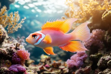Colorful fish with intricate fins swimming over vibrant coral reefs capturing the beauty of marine biodiversity in a lively underwater scene