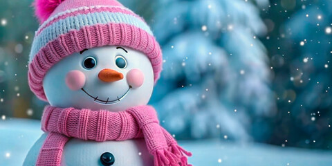 Charming snowman with a joyful smile, wearing a pink knitted hat and scarf amidst falling snowflakes, ideal for holiday and winter themes.