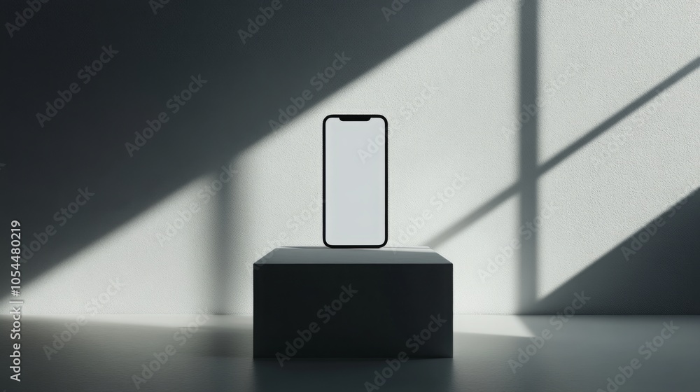 Poster a sleek smartphone stands upright on a minimalist pedestal, illuminated by soft light filtering thro