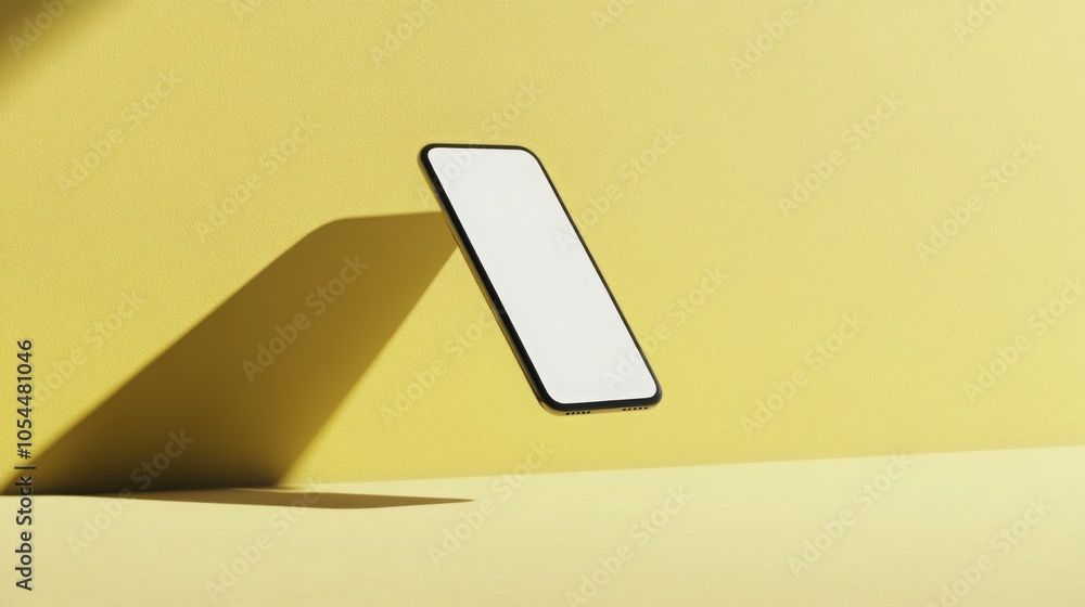 Fototapete A contemporary smartphone appears to float in mid-air, casting a sharp shadow on a bright yellow surface, highlighting its sleek design and minimalistic aesthetics in an open space.