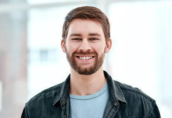 Man, portrait and creative employee in office, copywriter and proud of career opportunity. Male...