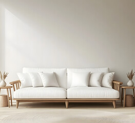 Minimalist living room interior with a white sofa and wooden furniture. Modern, bright and airy space with a neutral color palette