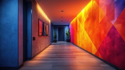 A modern hallway with colorful geometric wall art, wood floors, and two doors.