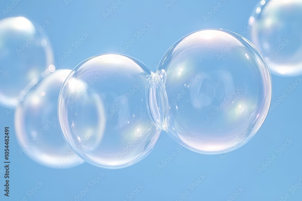 Poster delicate transparent bubbles floating against a bright blue background capturing the ethereal beauty