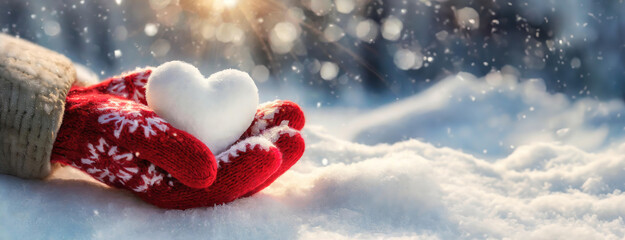 A pair of red mittens holding a heart shaped snowball in the winter snow.