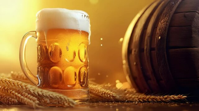 Glass with fresh cold beer, old wooden barrel and golden wheat on blurred background. Oktoberfest, St Patrick Day. Craft brewery concept