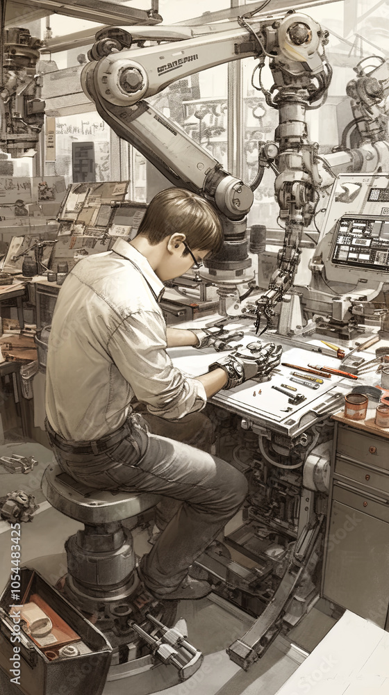 Poster young technician learning robotics in a futuristic workshop setting