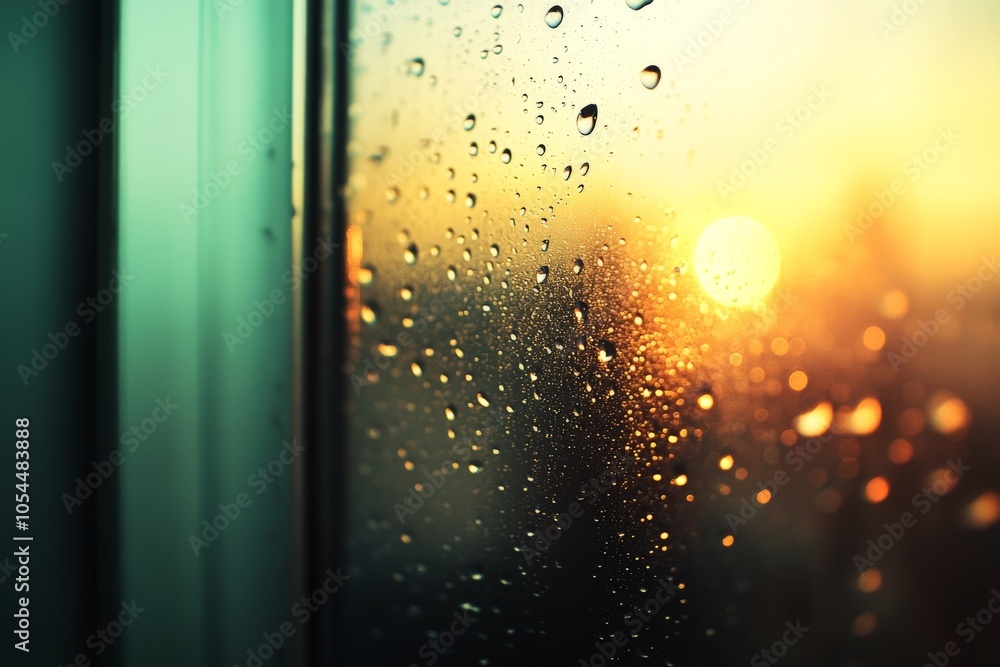 Poster window covered with raindrops as sunlight filters through creating a moody atmospheric scene that ca