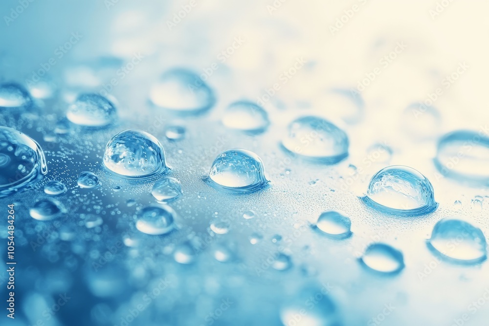 Poster water droplets scattered across a blue background reflecting light and creating a clean refreshing v