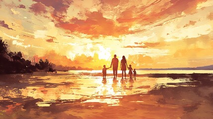 Fototapeta premium Family walking along the beach during a beautiful sunset