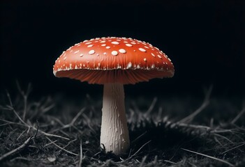 Fototapeta premium a single vibrant red mushroom with white spots, isolated on a deep black background create with ai