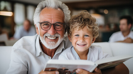 Happy smiling grandfather and a grandson in the light room