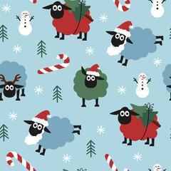 Christmas sheep seamless pattern. Adorable sheep with Christmas elements and snowman.
