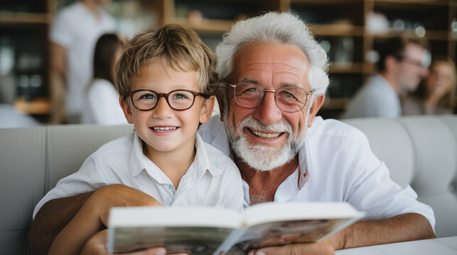 Happy smiling grandfather and a grandson in the light room