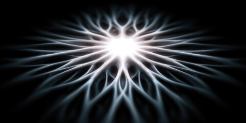 Fototapeta premium Abstract white light radiating symmetrical pattern on black background