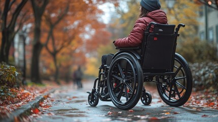 Person in a wheelchair using a smart cane on a path surrounded by autumn trees in the afternoon