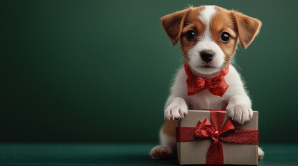 Merry Christmas and Happy New Year banner with copy space, pets, puppy with gift box, tinsel, Christmas ornaments
