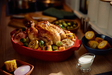 Roast turkey for Thanksgiving meal on dining table.