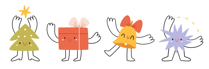 Obraz premium Set of Various bright Abstract cheerful Christmas basic Geometric Figures with face emotions, hands and legs.