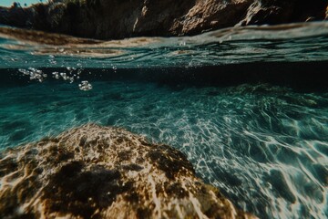 Sunlit turquoise water flowing over rocks in a coastal bay capturing the beauty of natural light movement and textured stones in a peaceful oceanic landscape