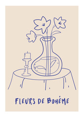 Modern poster. Blue sketch of a still life with a bouquet and a candle.Cafe doodles, branch and lunch dishes.Modern trendy sketch outline elements.
